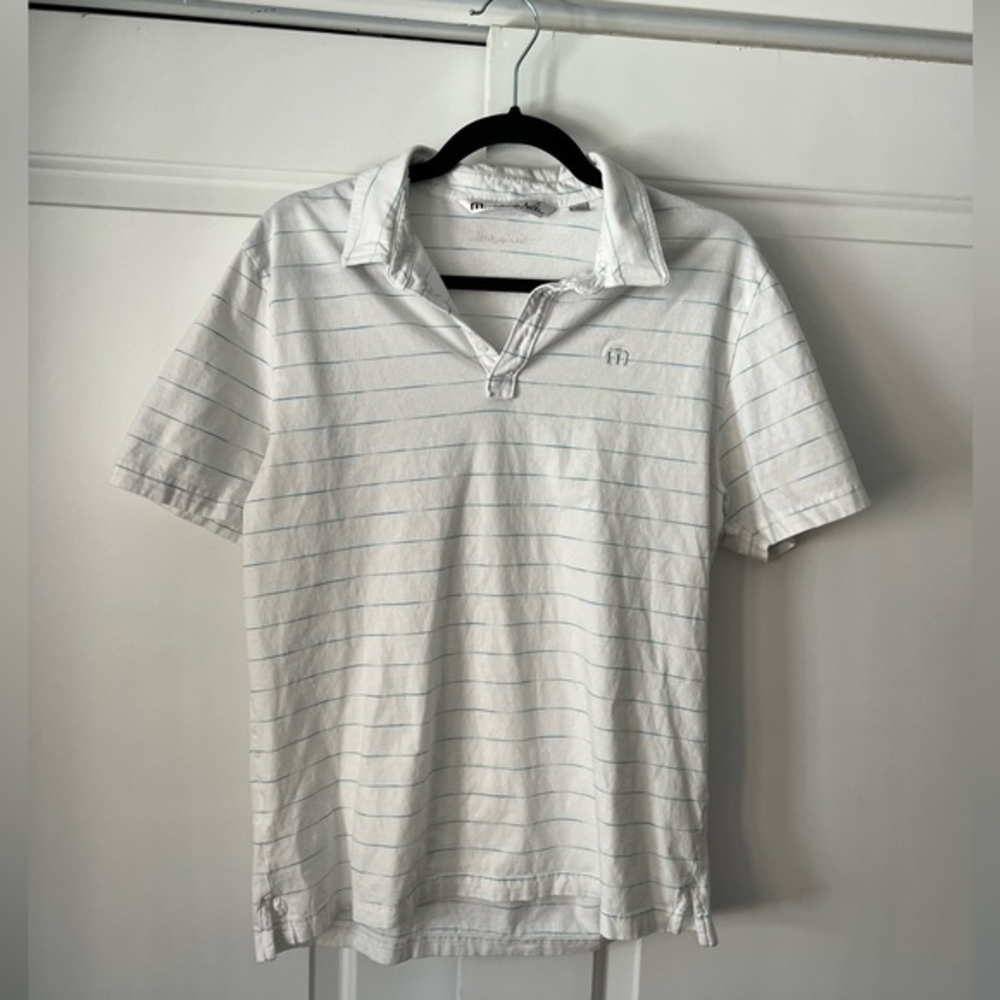 TravisMathew Mens Large White Blue Striped Short Sleeve Golf Polo Shirt L